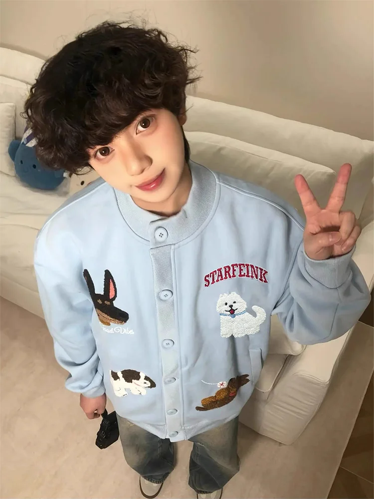 

American Cartoon Dog Towel Embroidery Open Cardigan Sweatirt Men's Loose Relaxing Sle Commuting Couple's Jaet