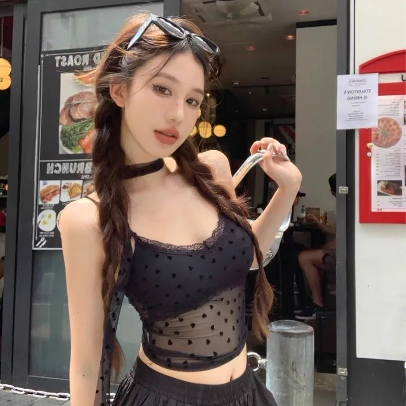 

Vintage Subculture Lace Patchwork Black Halter Vest American Retro Harajuku Hottie Slim-fit Top Women's Sexy Fashion Tank Tops