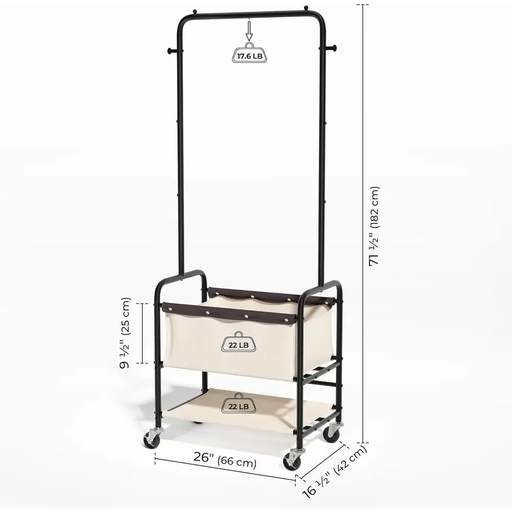عربة غسيل دوارة باللون البيج مع قضيب تعليق وسلة تخزين للفرز #2