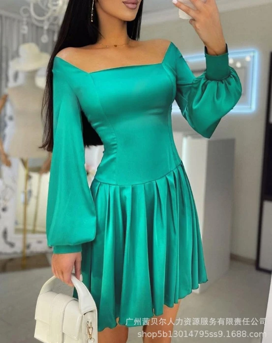 

2024 Summer Womens Dress Temperament Commuting Fashion Satin Off the Shoulder Lantern Long Sleeve Ruched Waist A-line Mini Dress