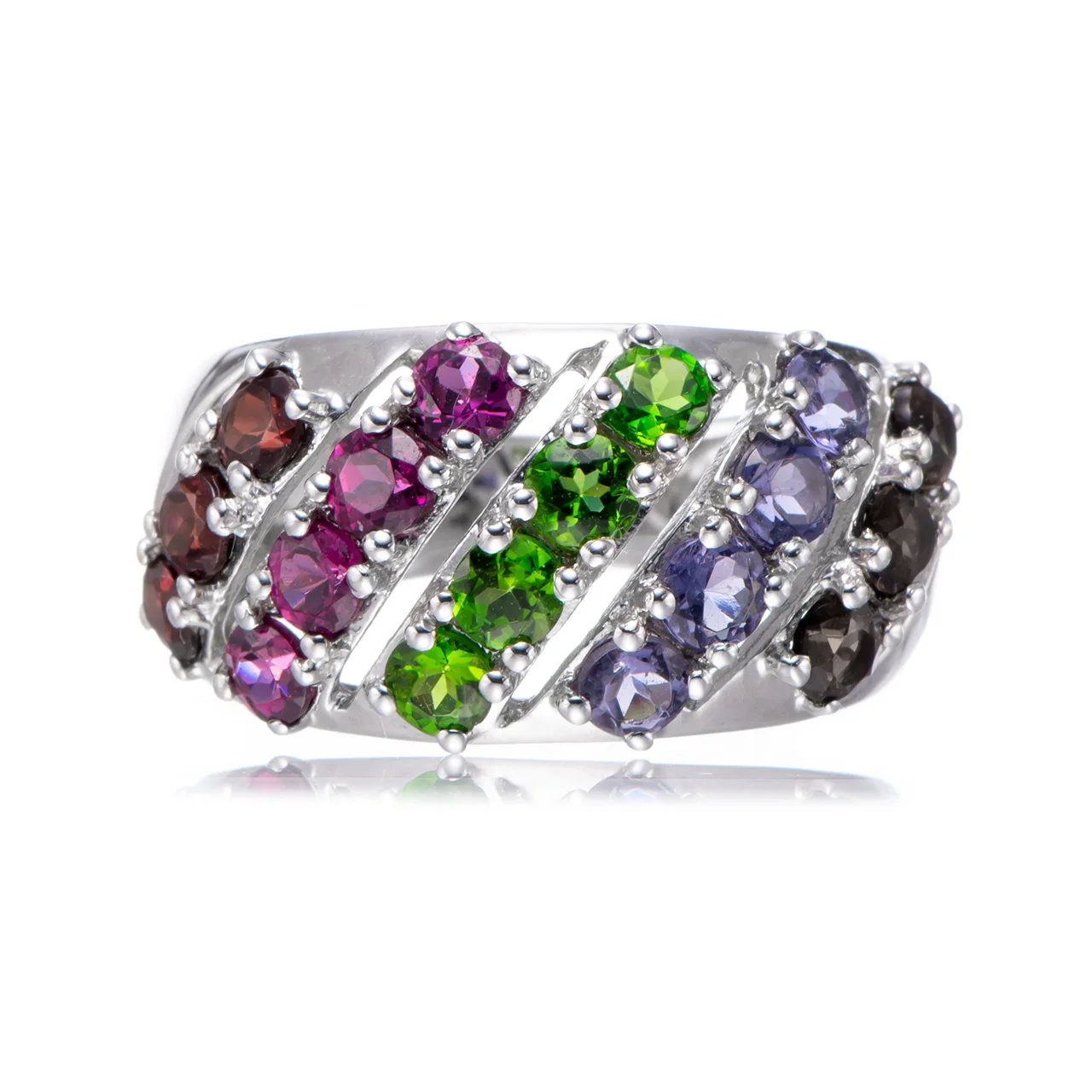 Garnet,Rhodolite,Chrome diopside,Iolite,Smoky Quartz Rhodium Over Sterling Silver Ring