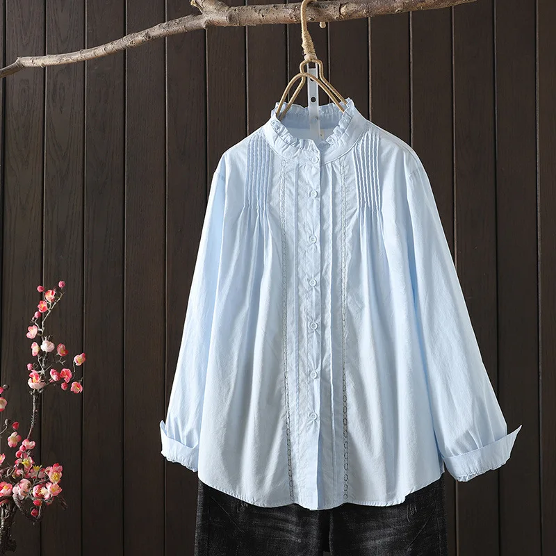 Women\'s Top Boho Peasant Blouse Shirt Mori Girl Japan Style Stand Collar Long Sleeve White Blue Black Solid Embroidery Blouses