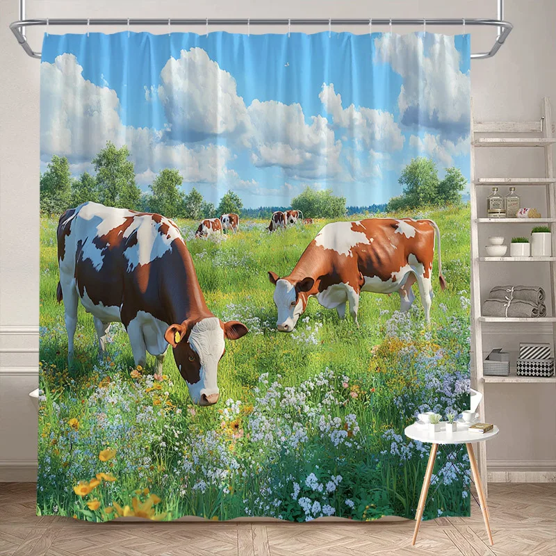 1 cortina de ducha Holstein Cows Meadow - vacas marrones y blancas pastando en campo verde con diseño de flores y nubes de cielo azul