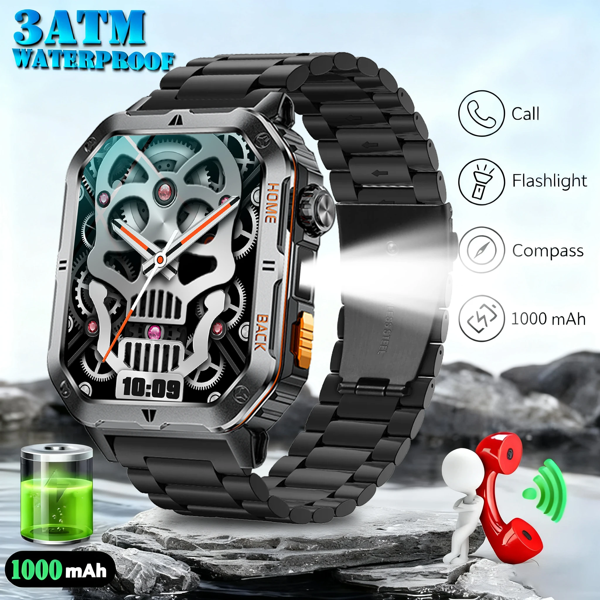

2025 New Outdoors Military 1000mAh Battery GPS Sports Smart Watch Men Built-in Compass Altimeter 3ATM Bluetooth call Smart watch