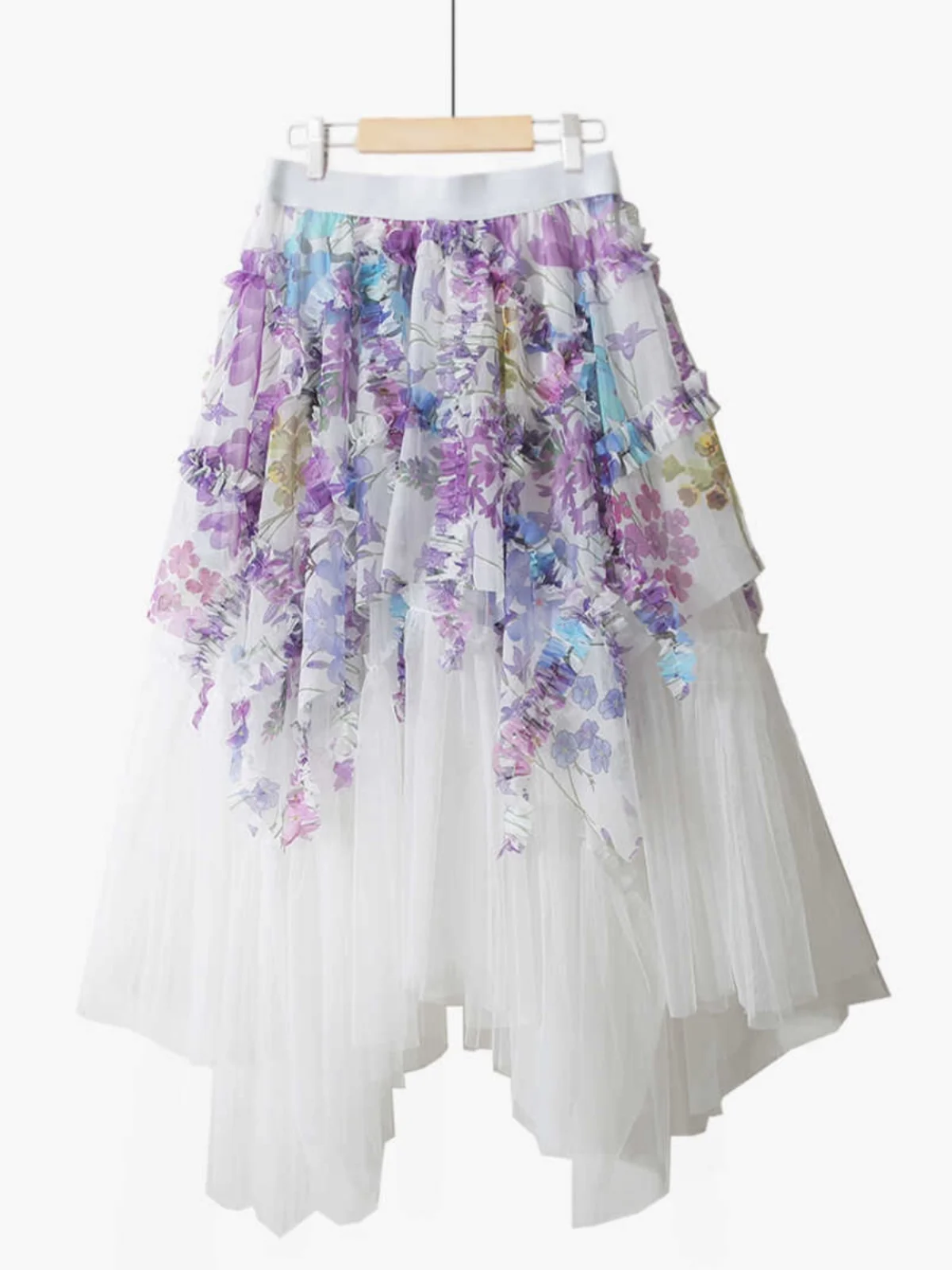 

Irregular Splicing Colorful Flower Mesh Skirt Women 2024 Spring French Style A-Line Skirt