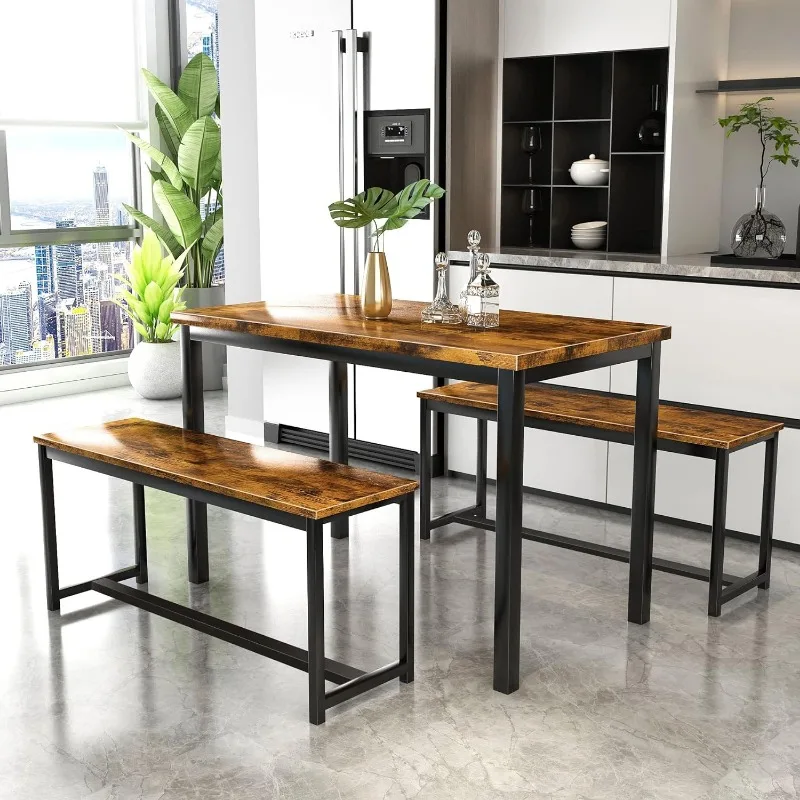 AWQM-mesa de comedor con dos bancos, conjunto de cocina para 4-6 personas, 43,4x23,7x28,6 pulgadas