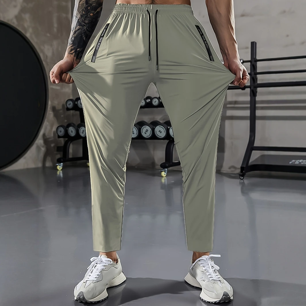 [Home Relaxation] Men's Casual Sports Pants, High Stretch Woven Fabric, Solid Color, Regular Fit with Drawstring Waist and Zippe