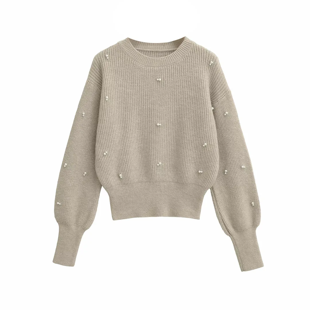 

Korejepo New Women Clothing European American Style Simple Versatile Round Neck Pearl Embellished Long Sleeved Top