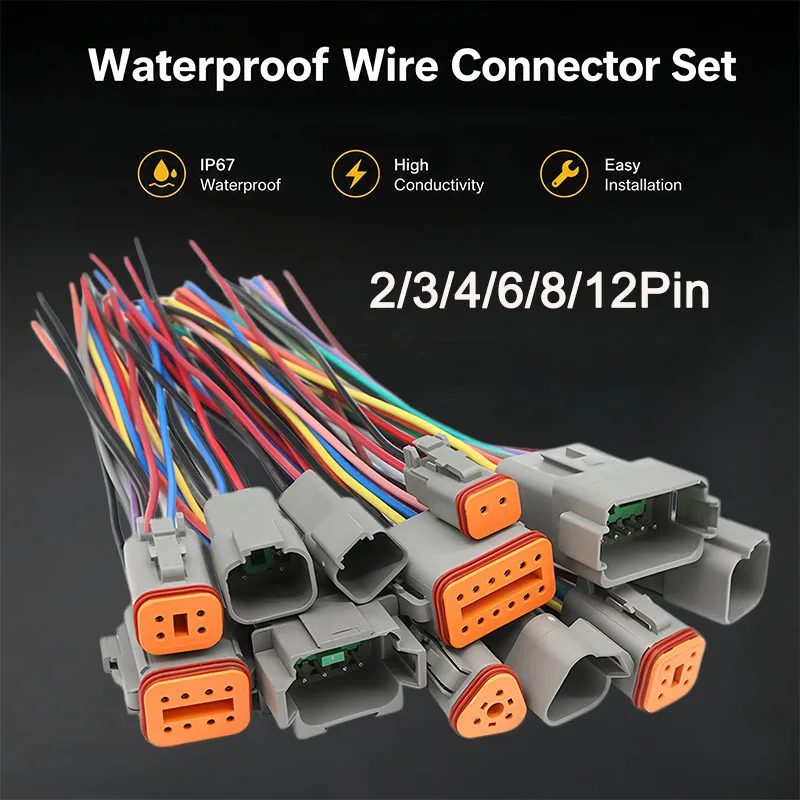 

DT Series 2/3/4/6/8/12 Pin IP67 Waterproof Connector Male Female Plug Socket Kit with for Auto Truck Motorcycle Marine Wiring