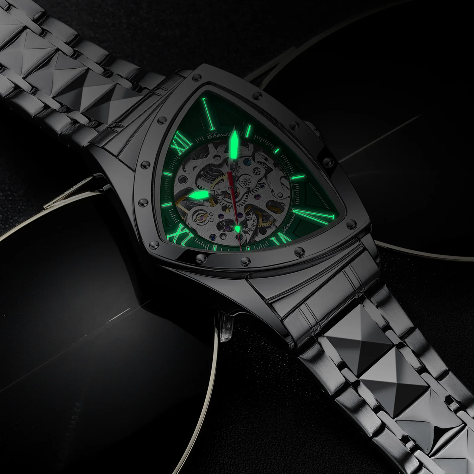 CHENXI ساعة أوتوماتيكية رجل الميكانيكية موضة الهيكل العظمي العسكري جوفاء مقاوم للماء ساعات رياضية للرجال مثلث الهاتفي ساعة اليد