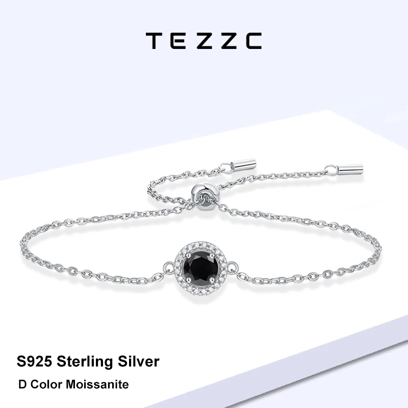 Tezzc 1CT Black Round Moissanite Bracelet S925 Silver Halo Design Adjustable Chain Bracelets Women Luxury Jewelry Dropshipping