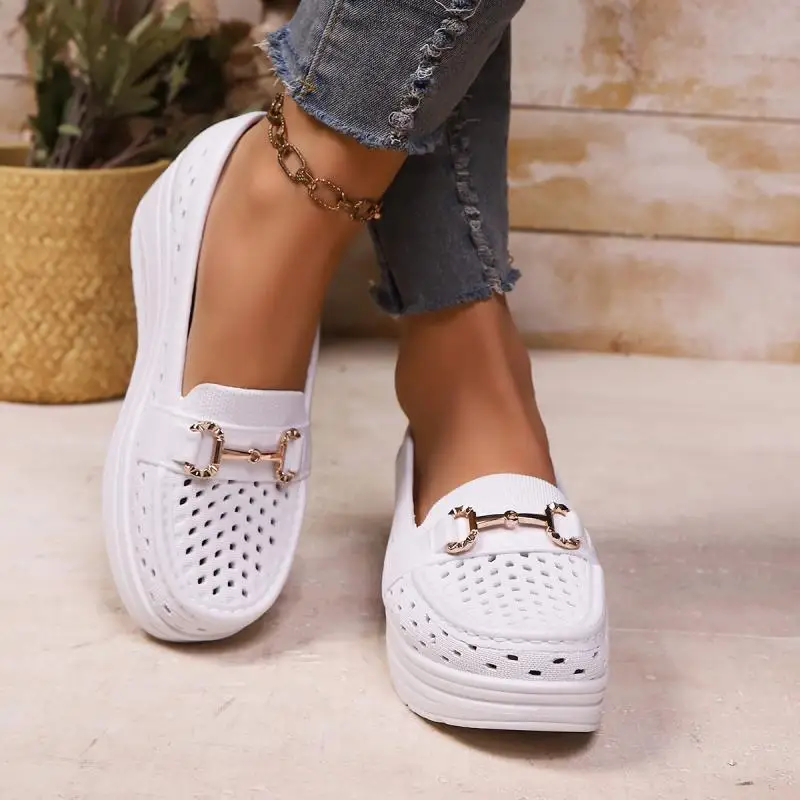 Soft Thick Bottom Height Increase White Loafers Women 2026 Summer Hollow Out Wedge Heel Pumps Women's Comfortable Nursing Shoes
