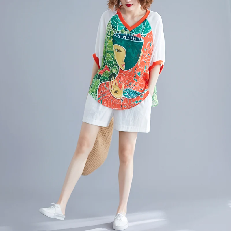 

V-Ne шифоновый топ Batwing Sve, летняя новая футболка с антивозрастным мультяшным принтом для похудения, закрывающая живот, футболка ort Sve