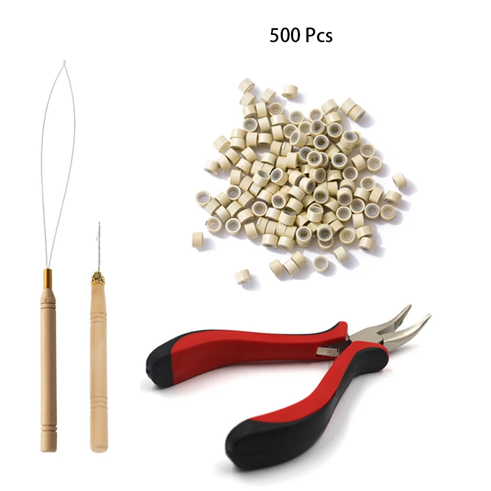 Extensões de cabelo Bead Kit, Threader, puxando Alicate Gancho, Ferramentas Nano Link, Anéis De Silicone, Contas Para Estilo De Cabelo, 500Pcs