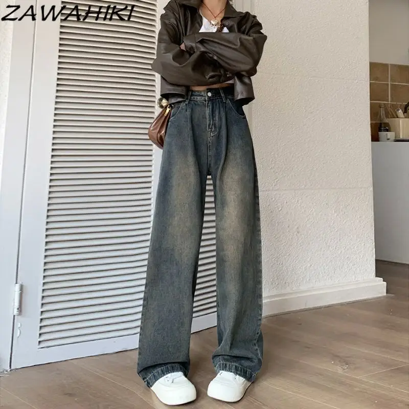 ZAWAHIKI Jeans Woman  American Retro Wide Leg Solid Color Loose New Arrive Grunge Pants Straight Versatile Fashion Streetwear