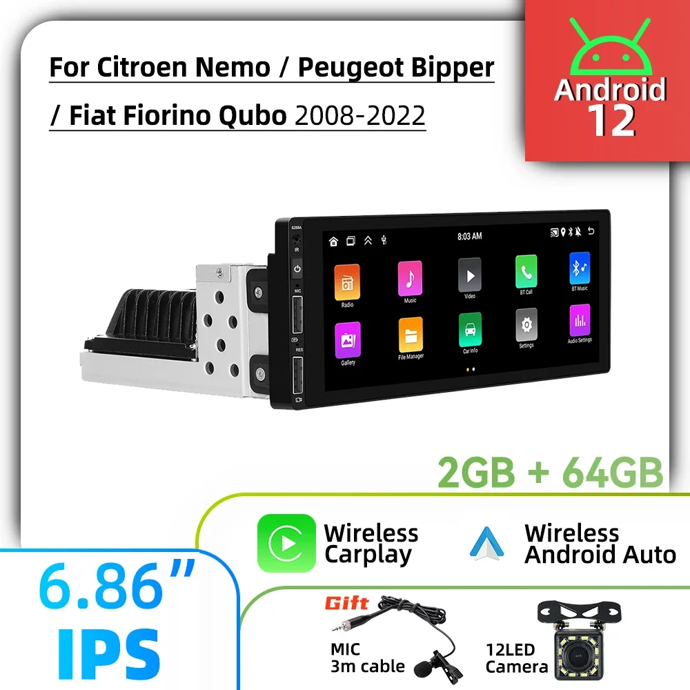 

6,86 "1 Din Android радио автомобильный мультимедиа для Citroen Nemo Peugeot Bipper Fiat Fiorino Qubo 2008-2022 головное устройство Carplay Autoradio