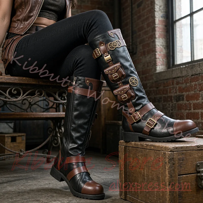 Steampunk Knee High Boots Gear Pocket Multi Buckle Side Zip Flat Sole Vintage Gothic Cosplay Renaissance Footwear Leather Sexy view 3