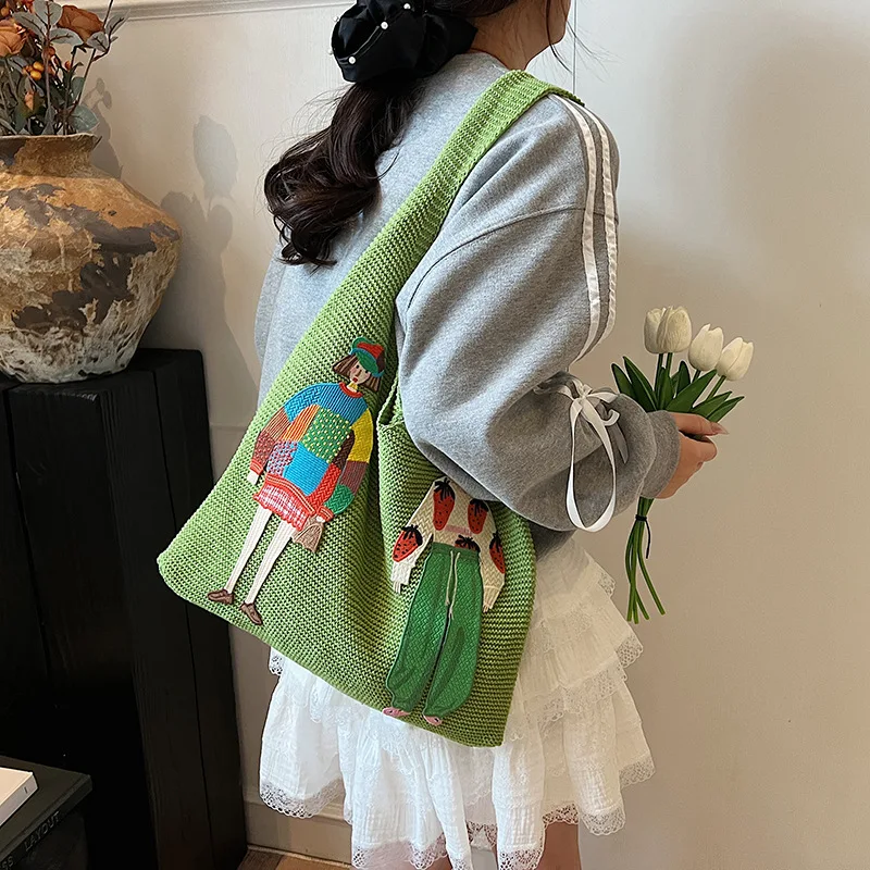 

Trendy Knitted Shoulder Bag Women's Fashionable Lazy Weave Bag Cartoon Cute Knit Bags Artistic Style Large Cotton Casual Tote