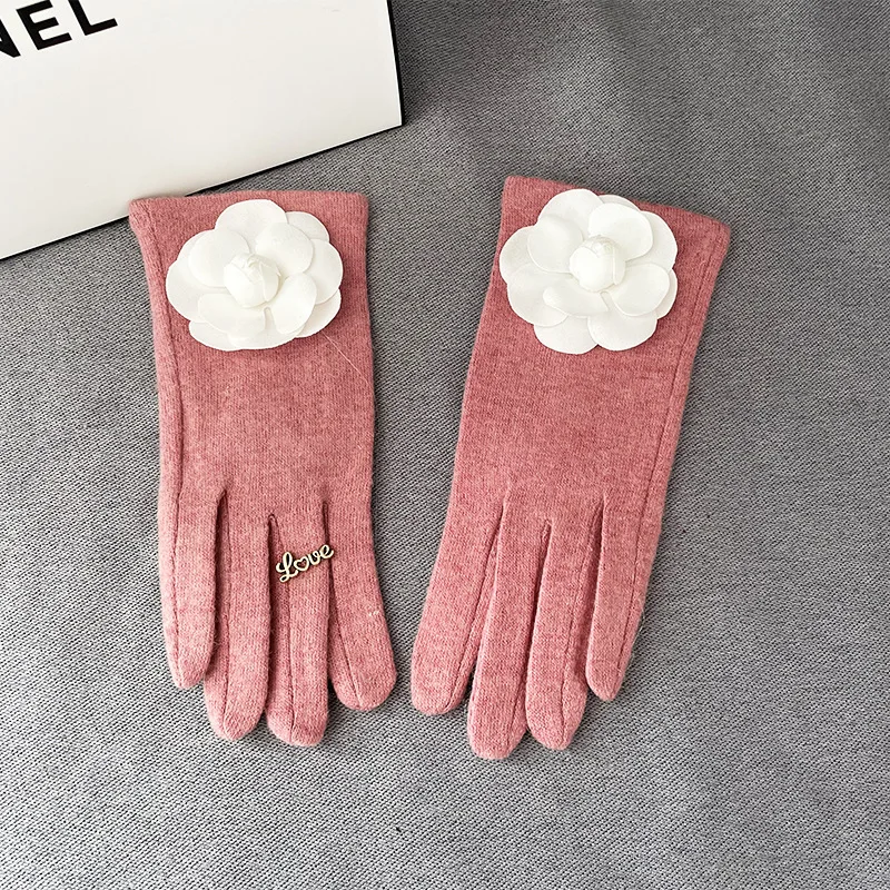 Korean Flower Pearl Wool Warm Gloves For Sports Women\'s Winter Outdoor Driving Plus Velvet Thicken Touch Screen Cashmere Mittens