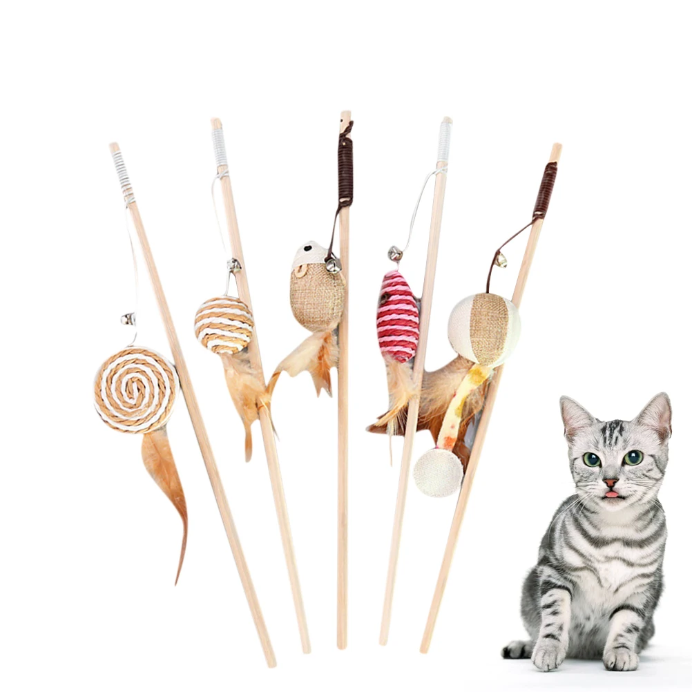 

5pcs Mouse Interactive Wood Stick Kitten Training Bell Play Strengthen Bond Healthy Active Teaser Cat Mouse Cat