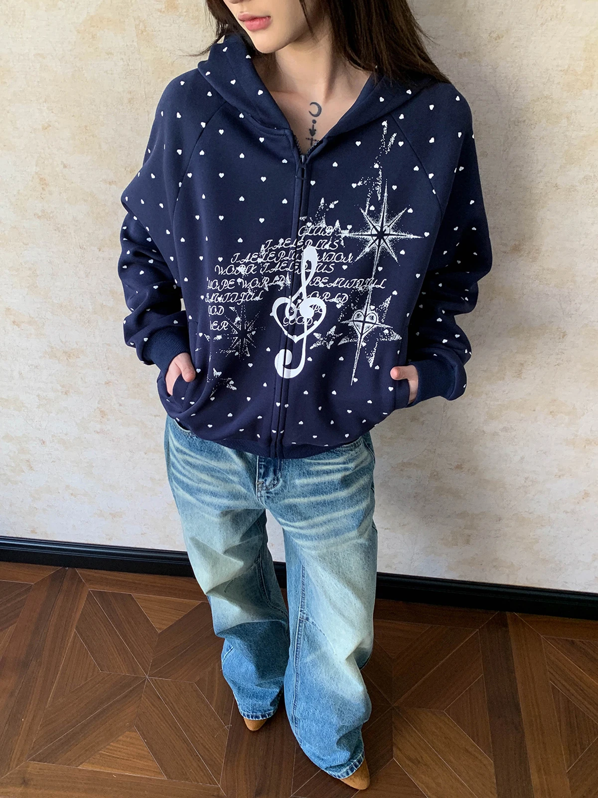 

Aket American Light Artistic Heart Polka Dot Design Hoodie Loose Lazy Versatile Couple Open Cardigan Cotton Long Sve