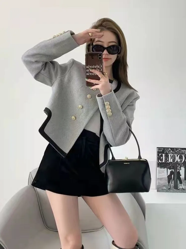 Women\'s Blazer Chic Elegant Round Neck Clothing Casual Temperament Double-breasted Irregular Long Sleeve Coat Clothes Top New