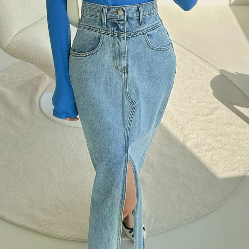 

Chic Blue Denim Skirts Women Split Summer High Waisted Long Y2k Skirt Streetwear Korean Fashion Summer Clothing