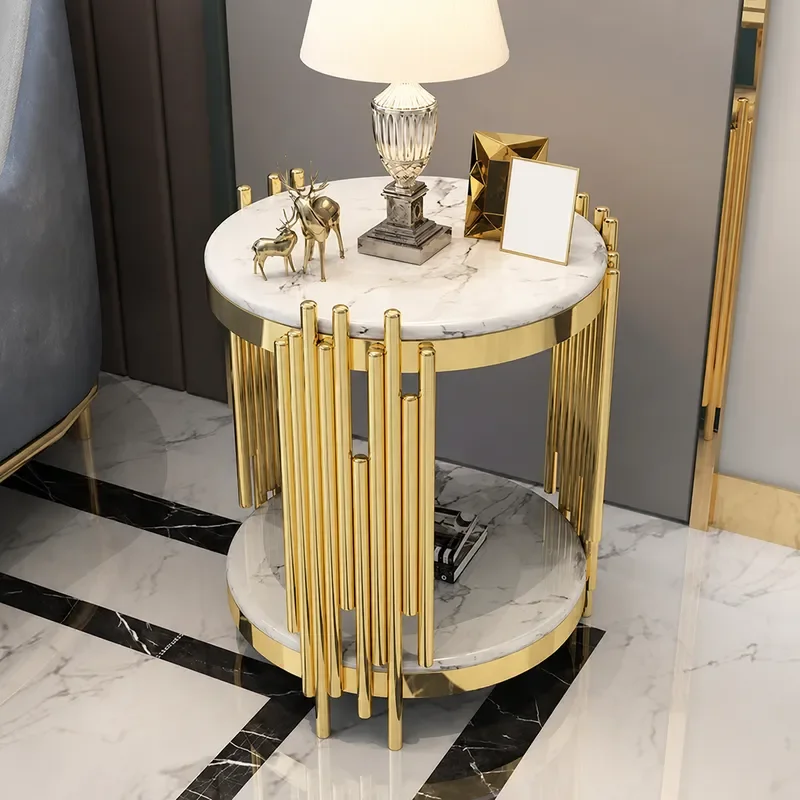 Modern Simple Round Coffee Table Gold Plated Stainless Steel Tempered Glass Marble Edge Living Room Hotel Apartment Furniture