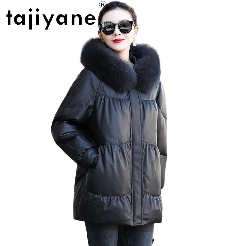 TAJIYANE Real Sheepskin Puffer Jacket Women Fox Fur Collar Duck Down Coat Genuine Leather Jackets 2025 Winter Clothes Woman 가죽자켓