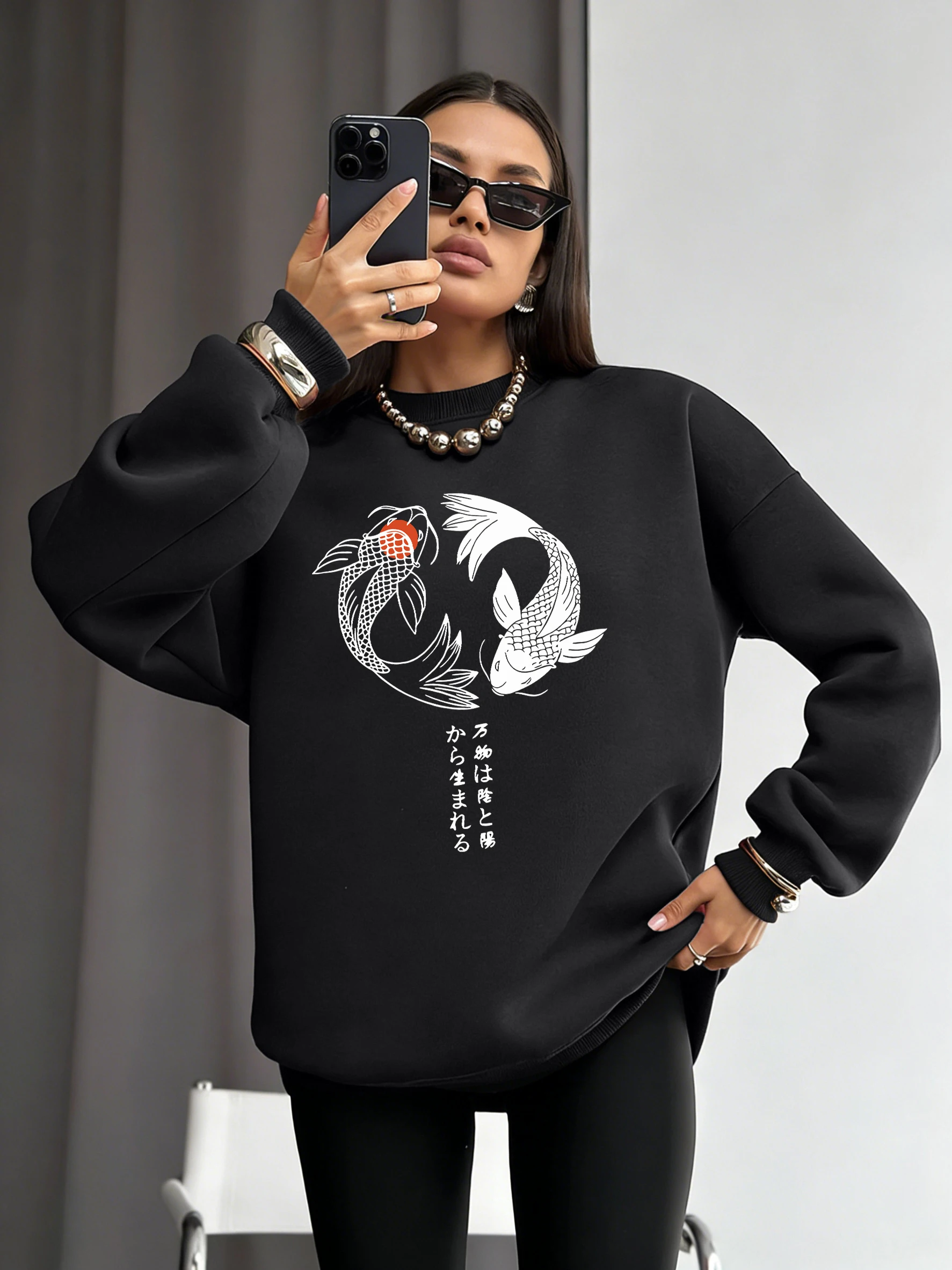 Felpa con cappuccio con stampa illustrazione giapponese Koi Harajuku Pullover in pile casual da donna Felpa allentata Y2K Autunno Inverno Streetwear