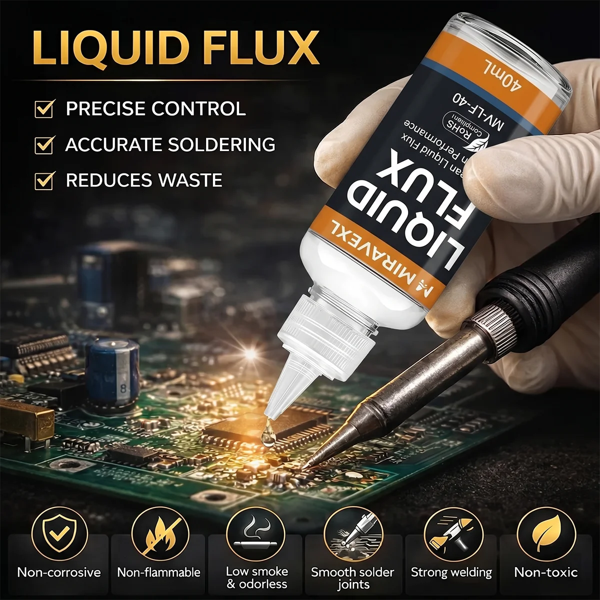 MIRAVEXL Flux liquide polyvalent sans nettoyage - Fluide de soudage puissant pour l'acier inoxydable, le cuivre, le nickel. Idéal pour les batteries 18650 et les cartes de circuit imprimé.