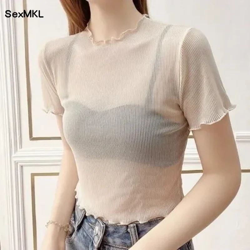 Sexy White See Through Tops Women 2024 Summer Short Sleeve Streetwear Blusa Mujer Korean Style Slim Causal Blouses Black Pink