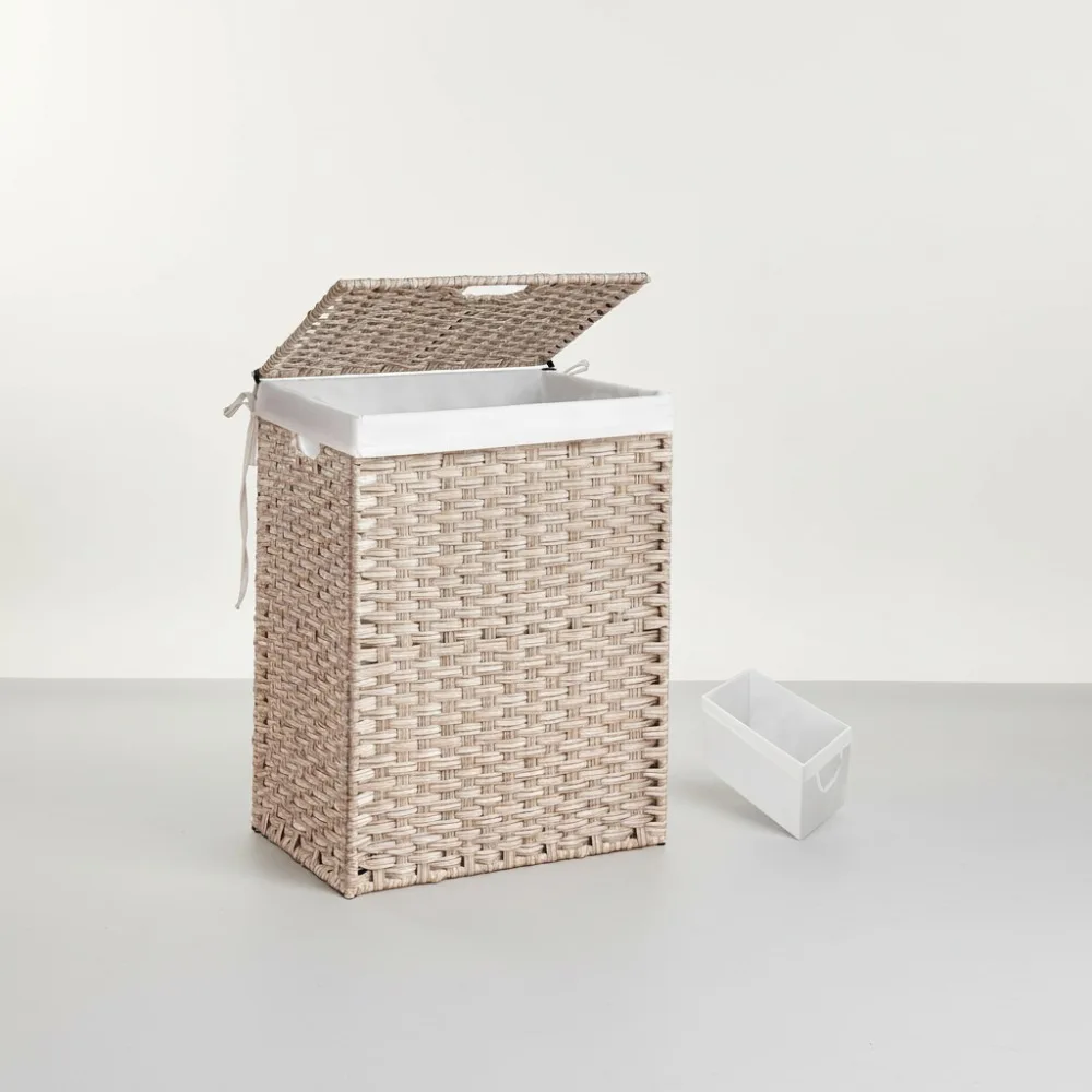 

Корзина для белья емкостью 26,4 галлона с крышкой и колесами, складная тканая корзина со съемными сумками для спальни, ванной комнаты