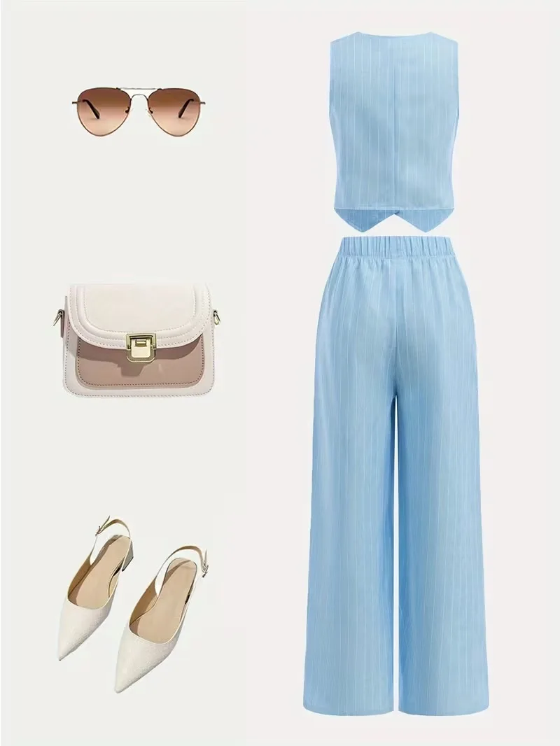 2-teiliges hellblaues Outfit für Mädchen, Weste mit V-Ausschnitt und Knöpfen, Oberteil und Hose mit hoher Taille und weitem Bein, lässiges Urlaubsset für Kinder – Detail 3