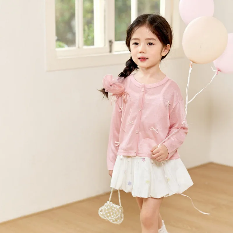 Girls' Lightweight and Soft Sunscreen Cardigan Jacket for Summer 2026 New Children's Baby Bow Air Conditioning Shirt Top