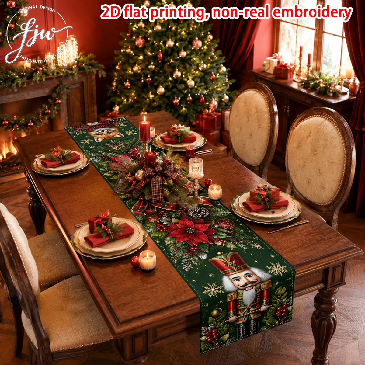 1pc Christmas Table Runner, Winter Holiday Xmas Poppy Floral Nutcracker Table Decor for Dining Room Kitchen Party