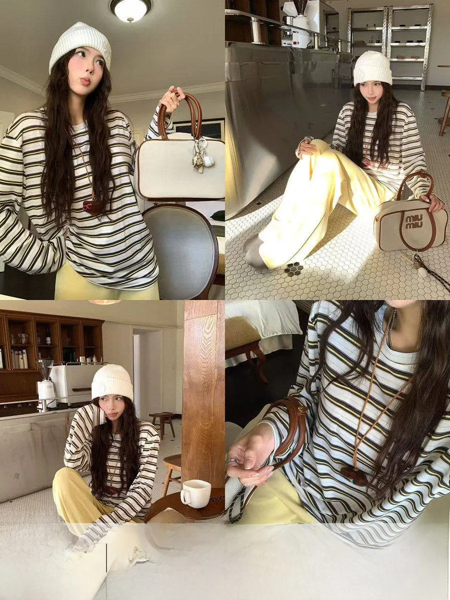 

Повседневный комплект Linyunyun: футболка с длинным рукавом и широкие брюки в полоску, осенний облегающий топ, комфортный полиэстеровый костюм с цветовыми блоками