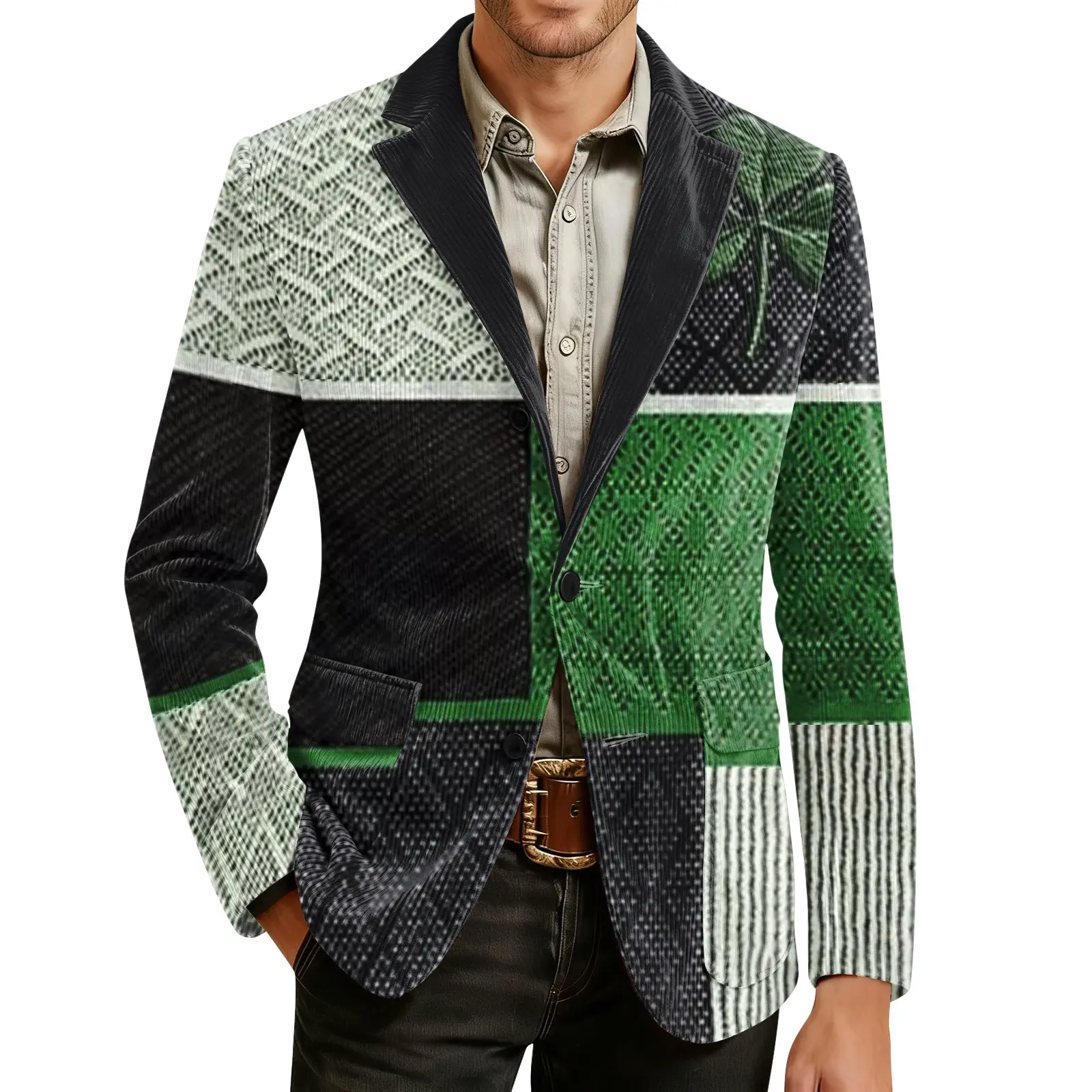 

Corduroy Warm Pocket Suit St. Patrick'S Print Patterned Suit Men'S Cardigan Casual Suit Winter Single Button Suit