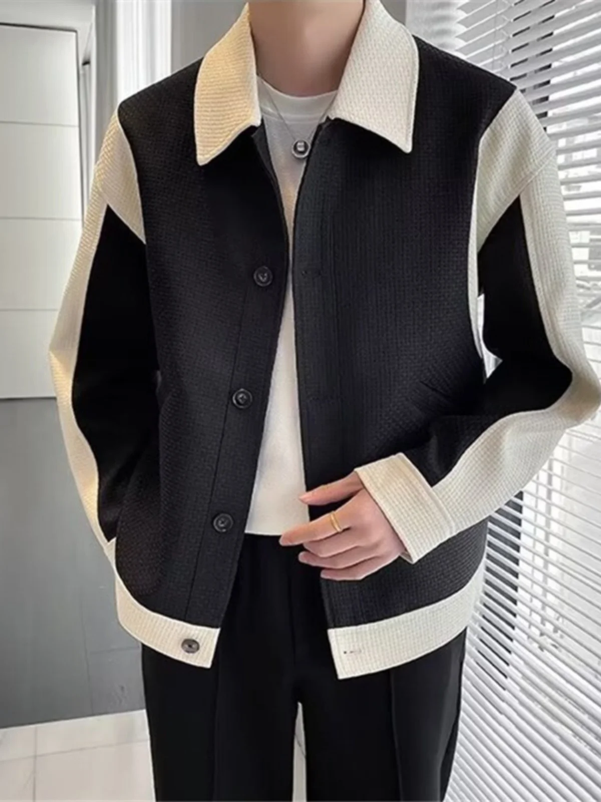 

Spring Autumn Men's Jaet Faionable Casual Contrast Color Patchwork Collar Baseball Sle Top Youth ular Polyester Fiber