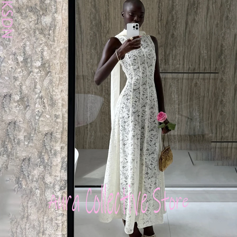 فستان ماكسي أنيق من الدانتيل الأبيض أثيري بدون أكمام فستان زفاف شفاف لحفلات الزفاف بروفة عشاء الزفاف ضيف الزفاف