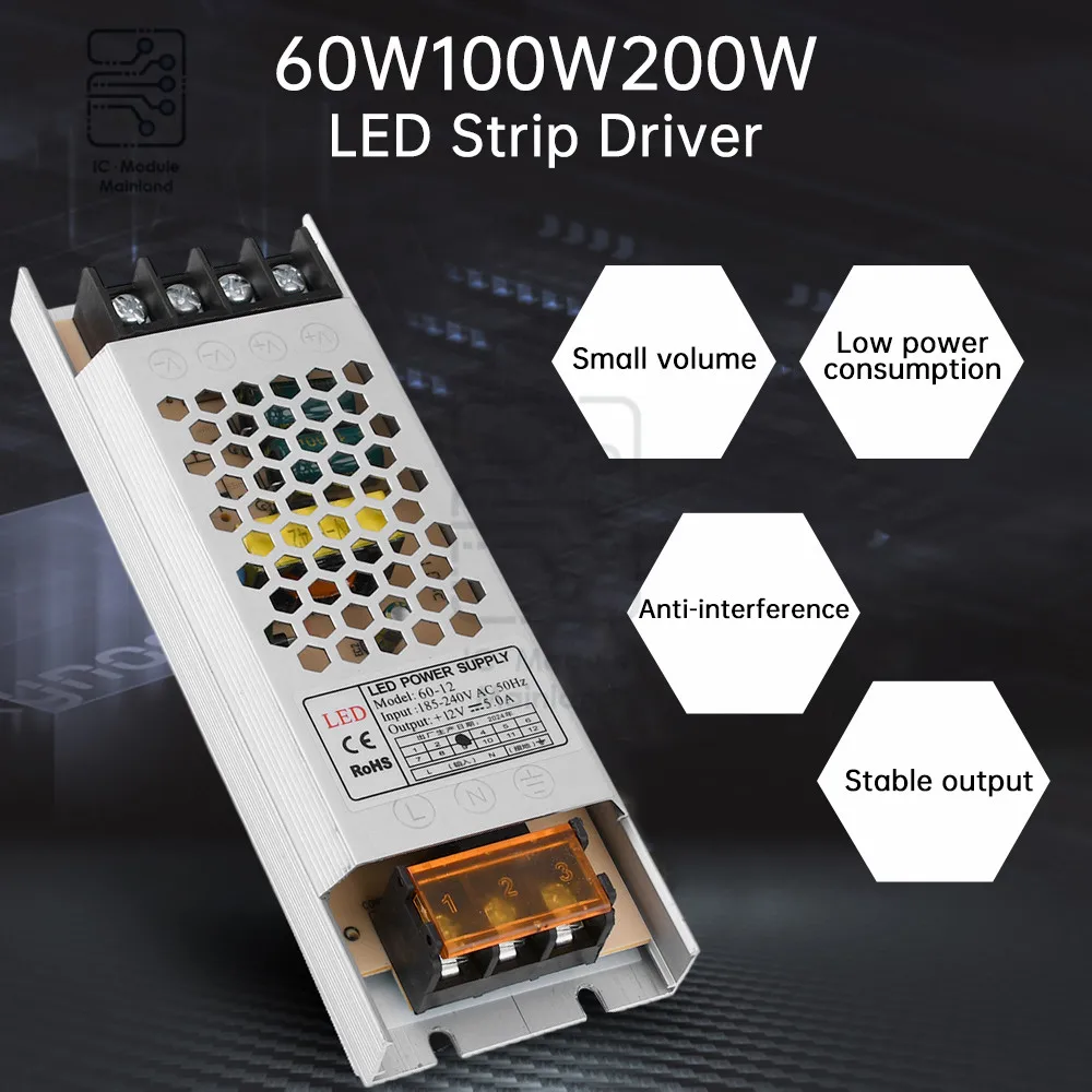 Ultra Slim LED Strip Light Regulated Power Supply 220V to 12V Lighting 60W 100W 200W LED AC190V-240V Strip Light Driver