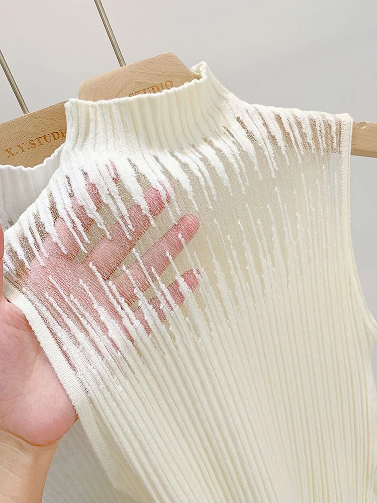 شبكة محبوك المرأة Y2K تانك القمم سترة الإناث سترة صوف من دون أكمام شيك قطع الشارع الشهير الصلبة نحيل الأبيض صديرية دائرية 2025