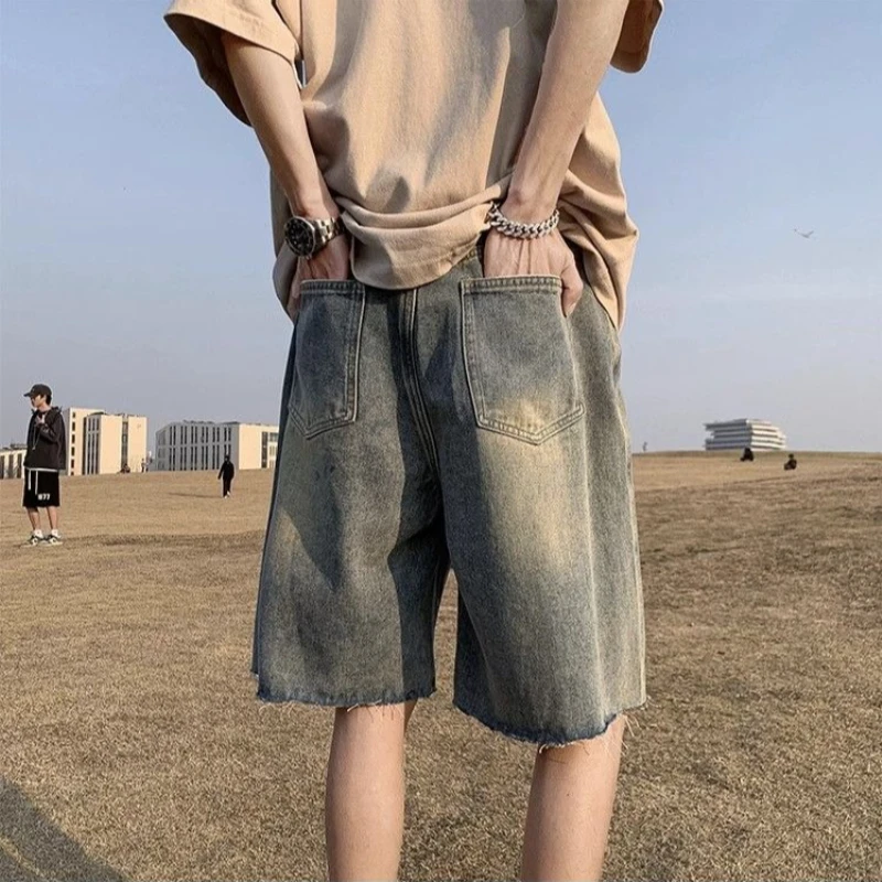 Summer High-Street Fashion Men's Washed Denim Shorts with American Retro Loose Wide-Leg Design Stylish Mid-Length Streetwear