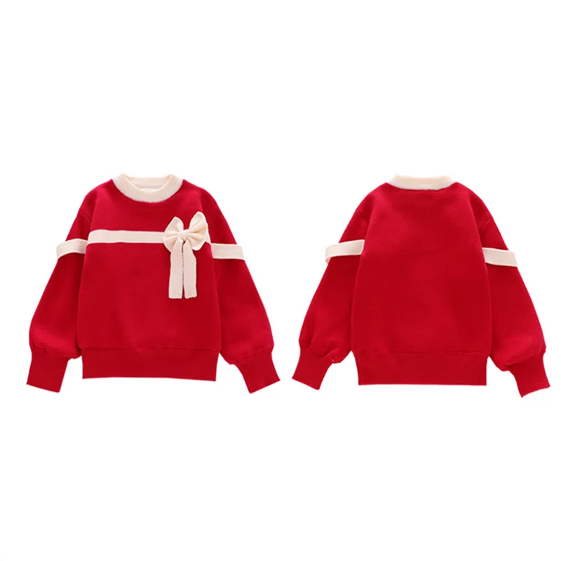 Lovely Baby Girl Sweater with A Bow Red Color Kids Cute Knitted Pullover Outerwear Child Slim Fit Knitwear 4 5 6 7 8 9 11 13 14Y