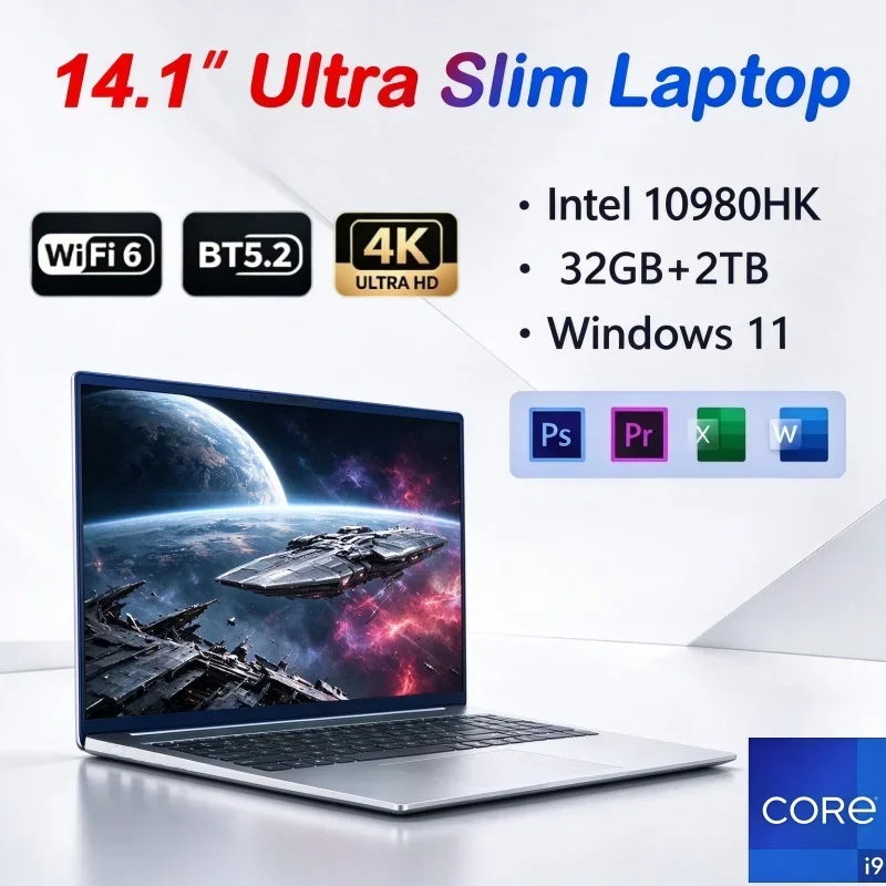 14.1 Inch Intel Core I9-10980HK Laptop Windows11 32GB RAM 2TB SSD Lightweight Portable Notebook For Study Work Entertainment