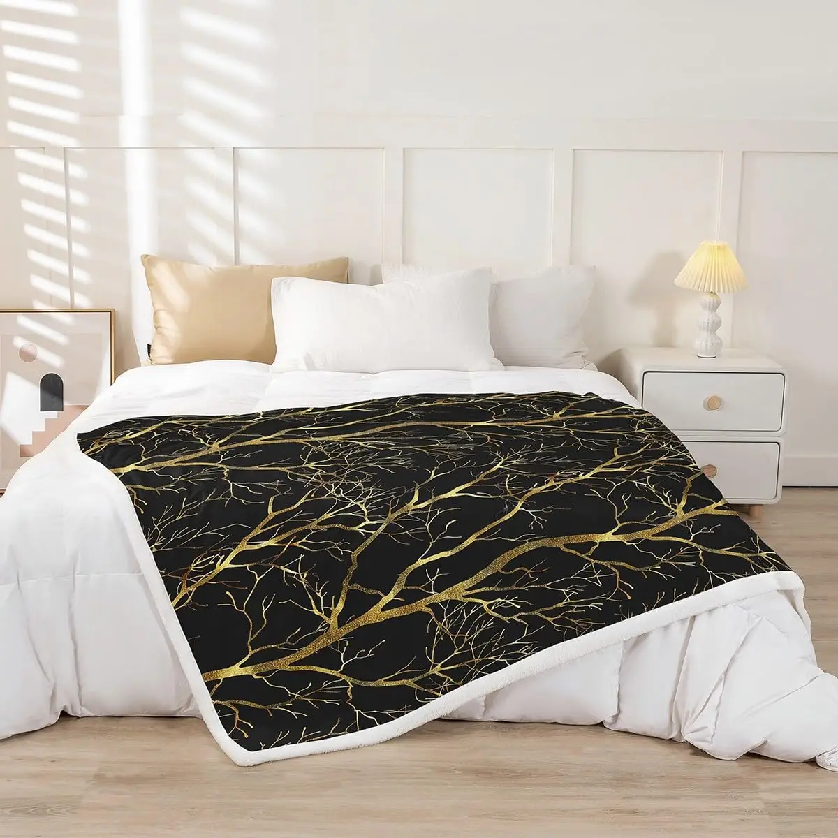 Gold Tree Branch Blanket Black Background Luxury Fleece Throw Elegant Home Decor Artistic Pattern Cozy Cover