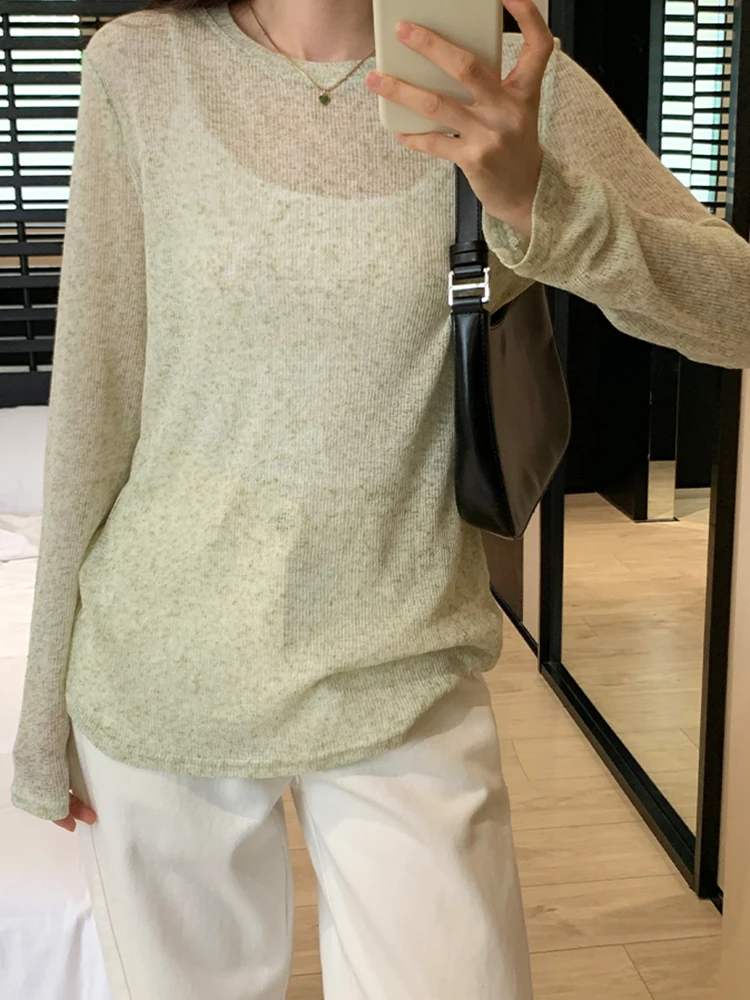 Sexy Knit See-through Women T shirt Tops Solid Long Sleeve O Neck Loose Tshirts Female Casual Streetwear Base Solid Tees