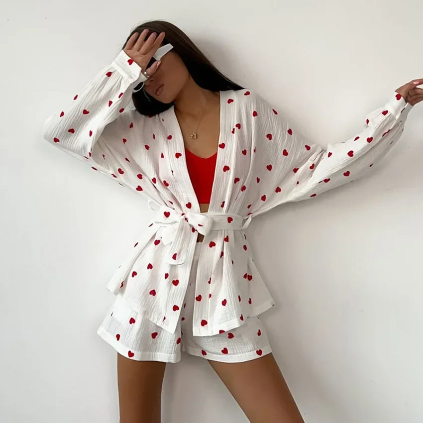 Heart Printed Women Lounge 2 Piece Set V Neck Sleepwear Kimono Cardigan Top Ruffle Short Sets Female Outfits Summer Shorts Suit