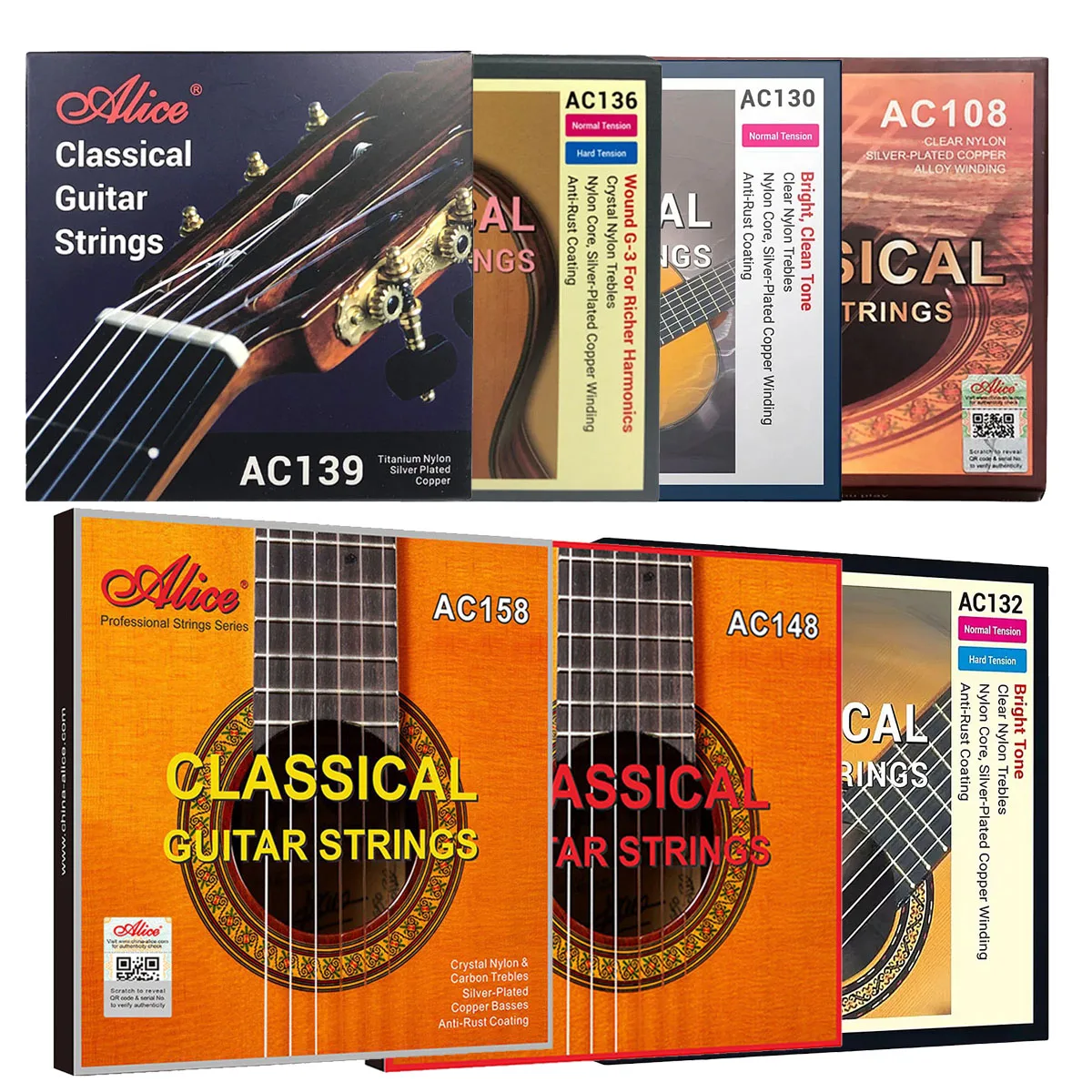 Alice 1Set AC108/130/132/136/139/148/158 N Classical Guitar Strings - 7 Models, Normal Tension, Silver-Plated Copper