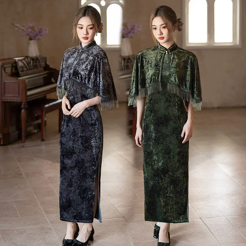 

Длинный улучшенный Cheongsam в национальном стиле, новый китайский стиль, женский тонкий шаль в стиле ретро, комплект из двух предметов, весна-осень Qipao